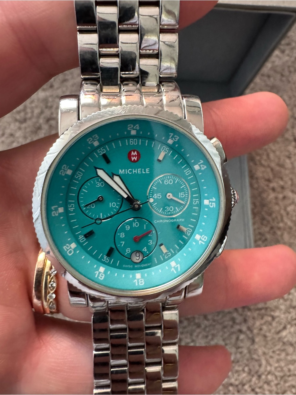 Michele Silver Bracelet Watch with Turquoise Dial